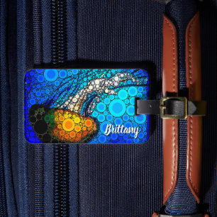 Colourful orange jellyfish blue ocean custom name luggage tag