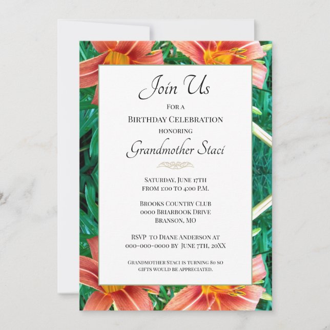 Colourful Orange Lilly Grandmother Birthday Floral Invitation (Front)