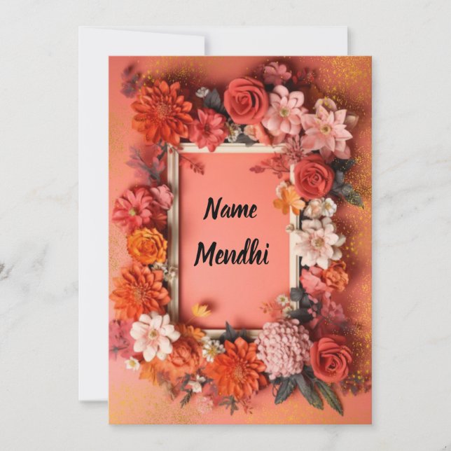 Colourful orange mendhi invitation  (Front)