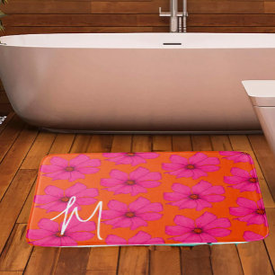 Colourful Orange Pink Floral Modern Monogram Bath Mat
