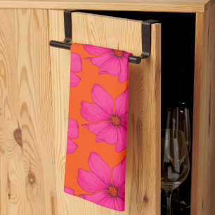 Colourful Orange Pink Floral Modern Monogram Tea Towel