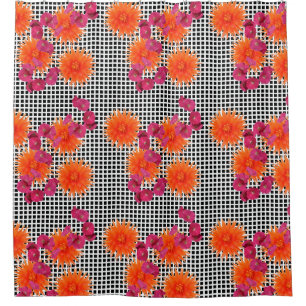 Colourful Orange Pink Flowers Black White Grid Shower Curtain