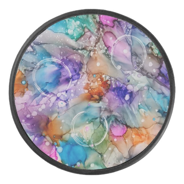 Colourful orange, purple, pink, blue abstract Art Hockey Puck (Front)