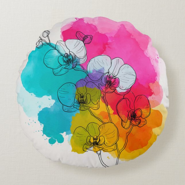 Colourful Orchid Floral Round Throw Pillow (Front)