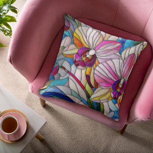 Colourful Orchid Flower Mosaic Cushion