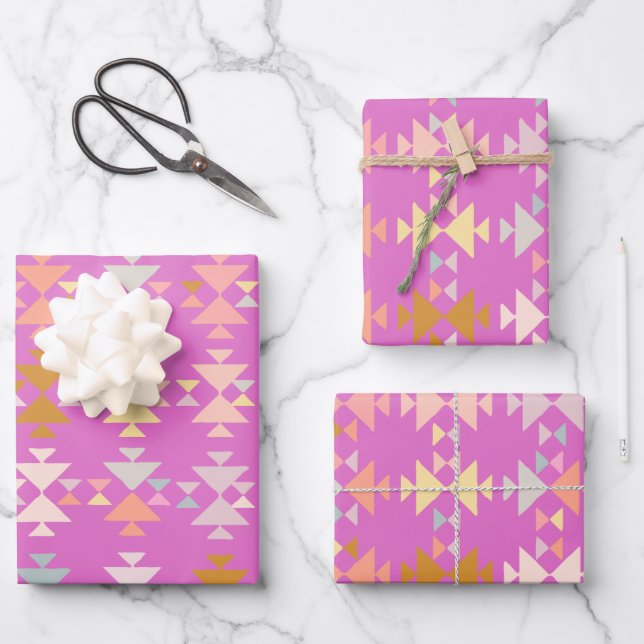 Colourful Organic Geometric Shapes on Magenta  Wrapping Paper Sheet (Front)