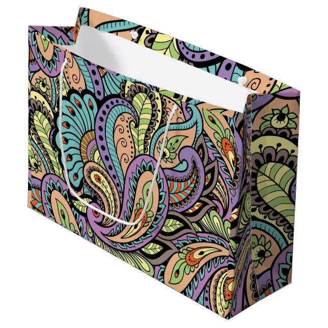 Colourful Oriental Paisley Pattern Large Gift Bag (Front Angled)
