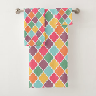 Colourful oriental quatrefoil pattern bath towel set