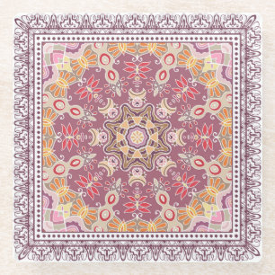 Colourful Ornamental Doodle: Symmetric Lace Patter Glass Coaster