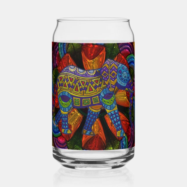 Colourful Ornate Elephant and Mandala Can Glass (Front)