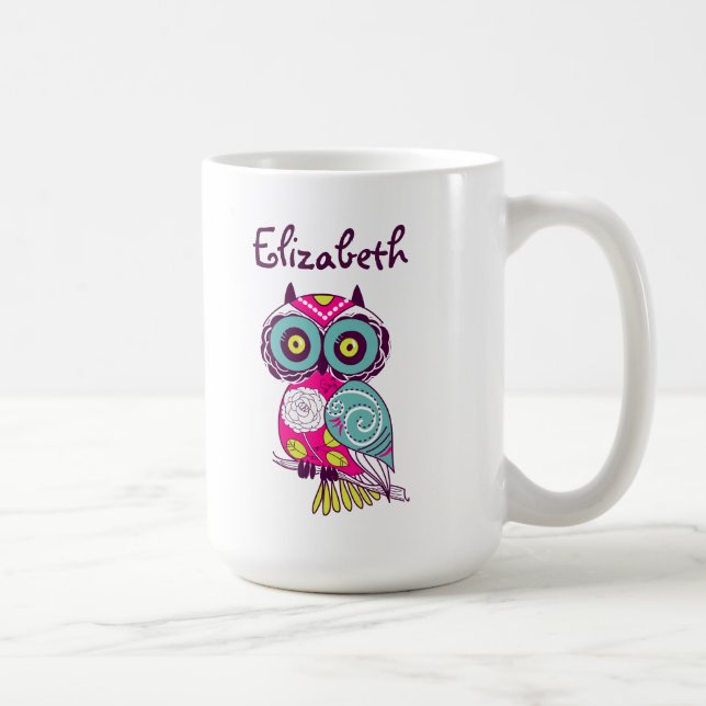 Colourful Ornate Floral Owl Custom Name Mug (Right)