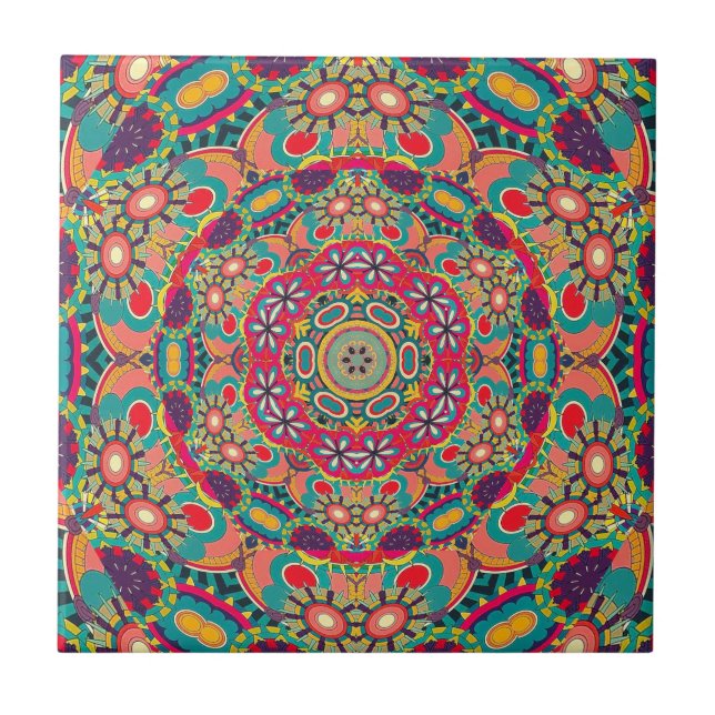 Colourful Ornate Kaleidoscope Mandala Pattern Tile (Front)