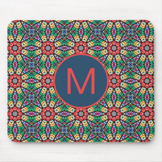 Colourful Ornate Kaleidoscope Pattern Monogram Mouse Mat (Front)