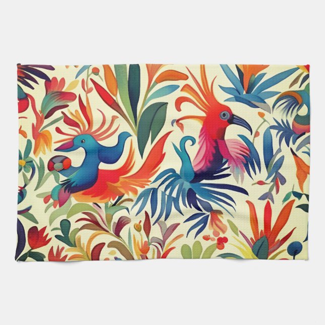 Colourful Otomi Birds Pattern  Tea Towel (Horizontal)