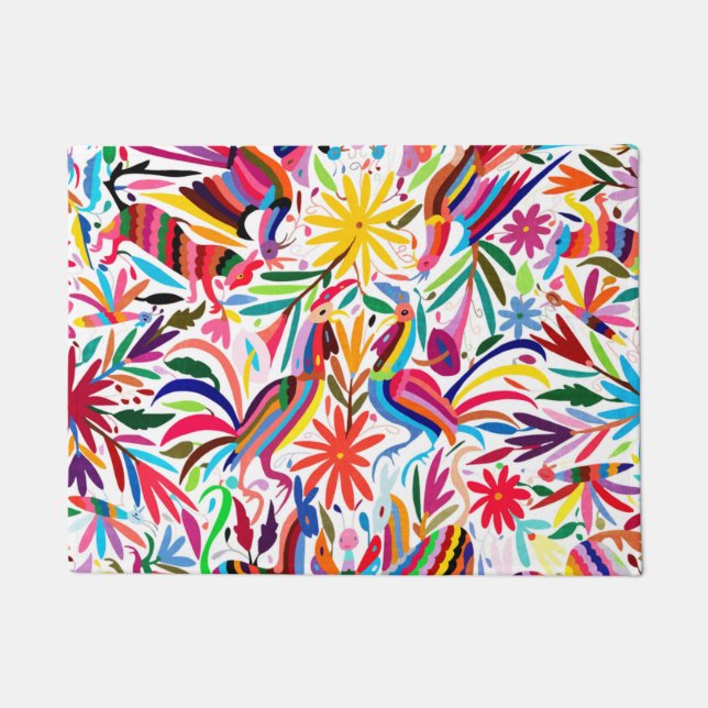 Colourful Otomi Print, Floral/Animal Pattern Doormat (Front)
