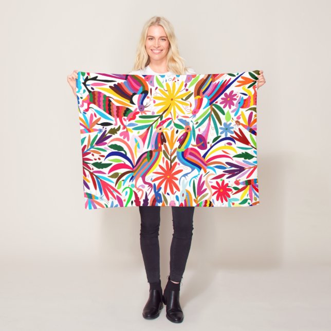 Colourful Otomi Print, Floral/Animal Pattern Fleece Blanket (In Situ)