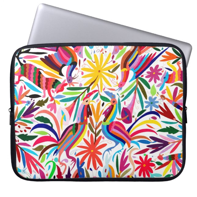 Colourful Otomi Print, Floral/Animal Pattern Laptop Sleeve (Front)