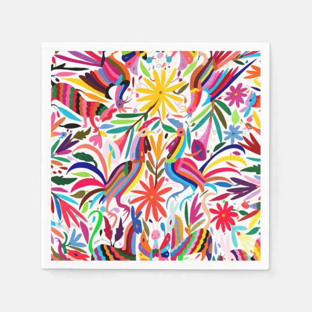 Colourful Otomi Print, Floral/Animal Pattern Napkin (Front)