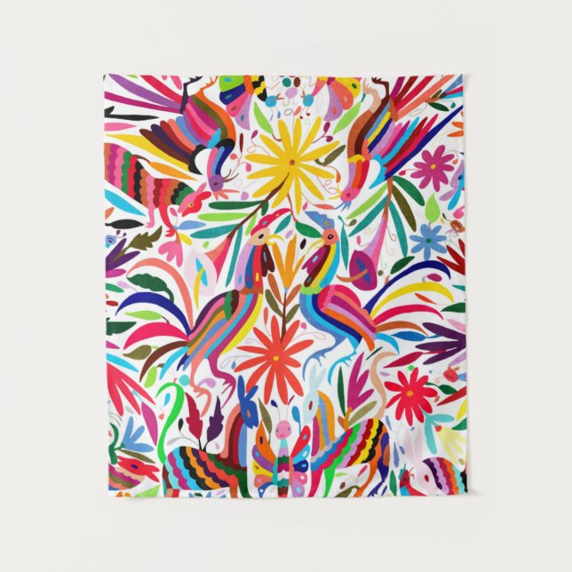 Colourful Otomi Print, Floral/Animal Pattern Tapestry (Front)