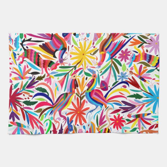Colourful Otomi Print, Floral/Animal Pattern Tea Towel (Horizontal)