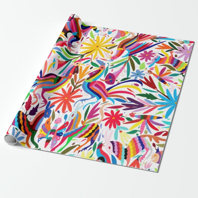 Colourful Otomi Print, Floral/Animal Pattern Wrapping Paper (Unrolled)