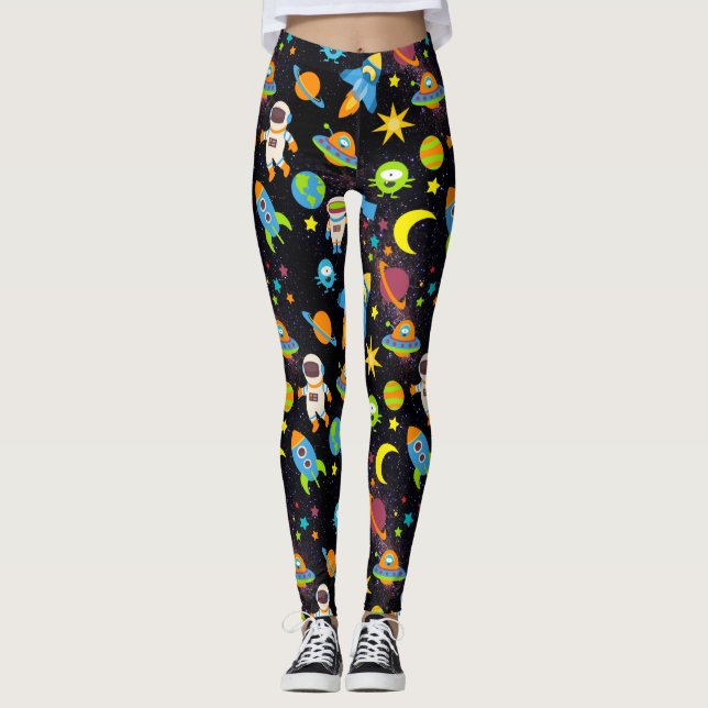 Colourful Outer Space Black Leggings (Front)