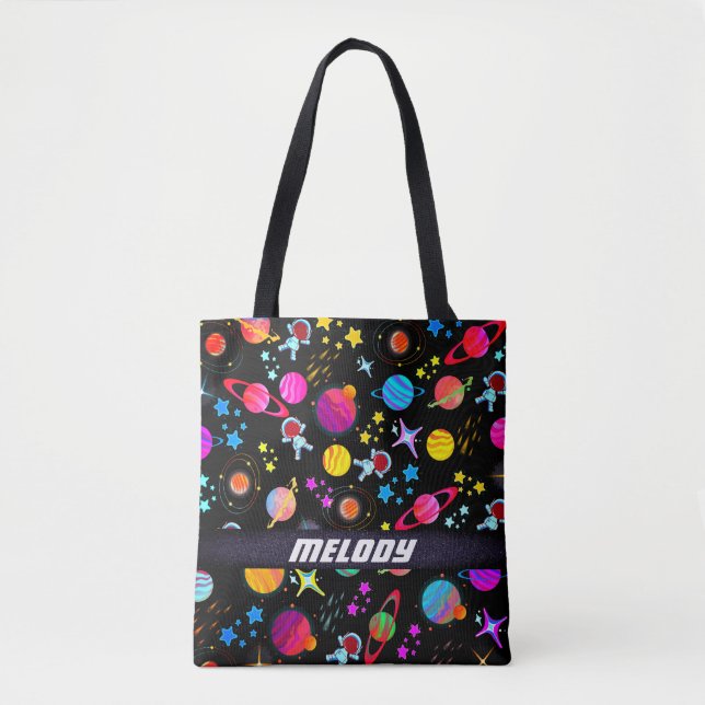 colourful outer space planet galaxy stars pattern tote bag (Front)