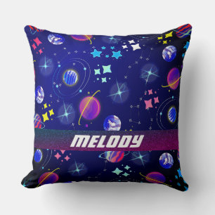colourful outer space planets galaxy stars blue cushion