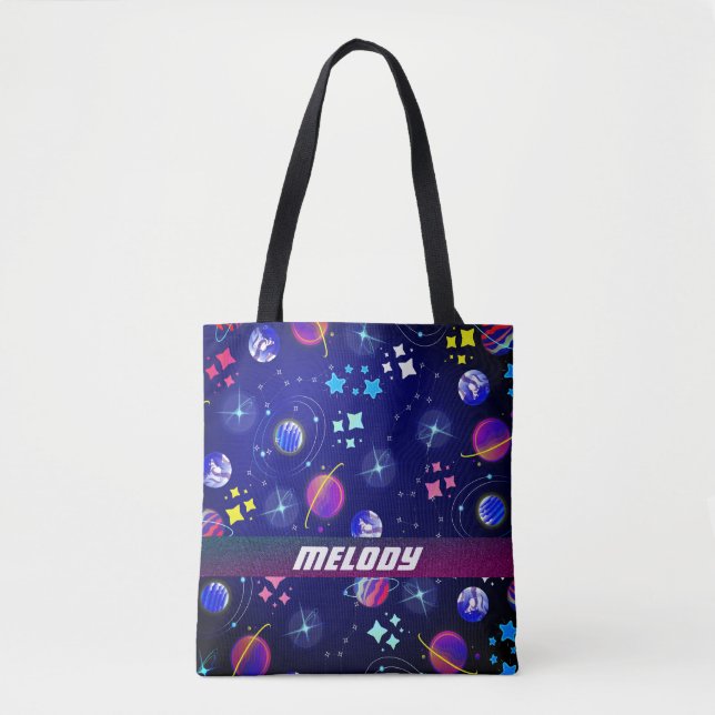 colourful outer space planets galaxy stars pattern tote bag (Front)