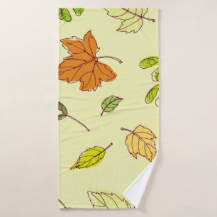 Colourful outline maple leaves in yellow backgroun bath towel