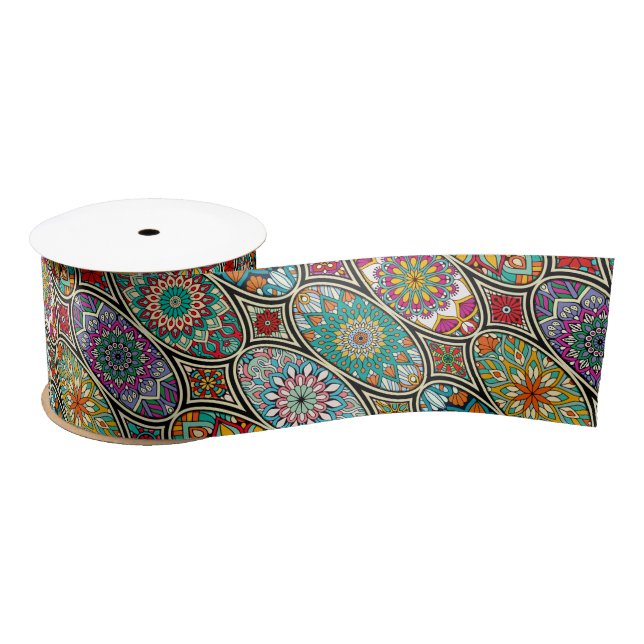 Colourful oval various mandalas floral pattern satin ribbon (Spool)