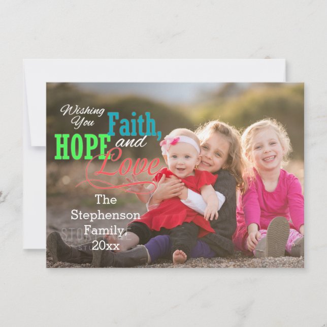 Colourful Overlay Faith Hope Love Photo Christmas Holiday Card (Front)