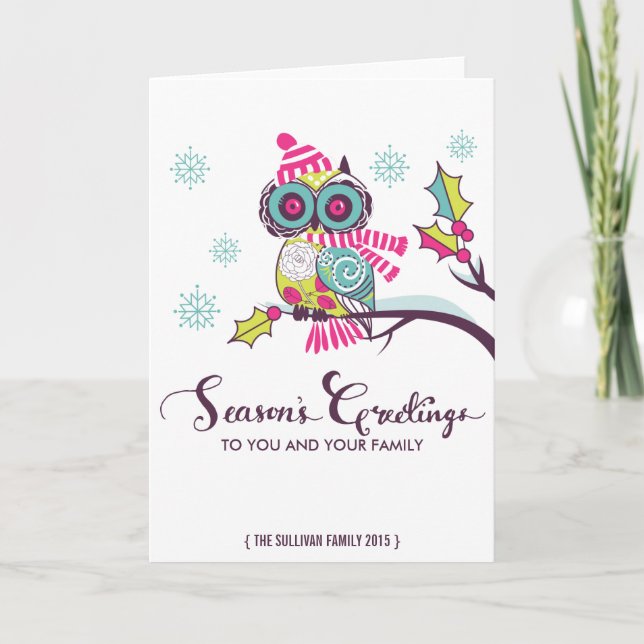 Colourful Owl and Snowflakes Holiday Card (Front)