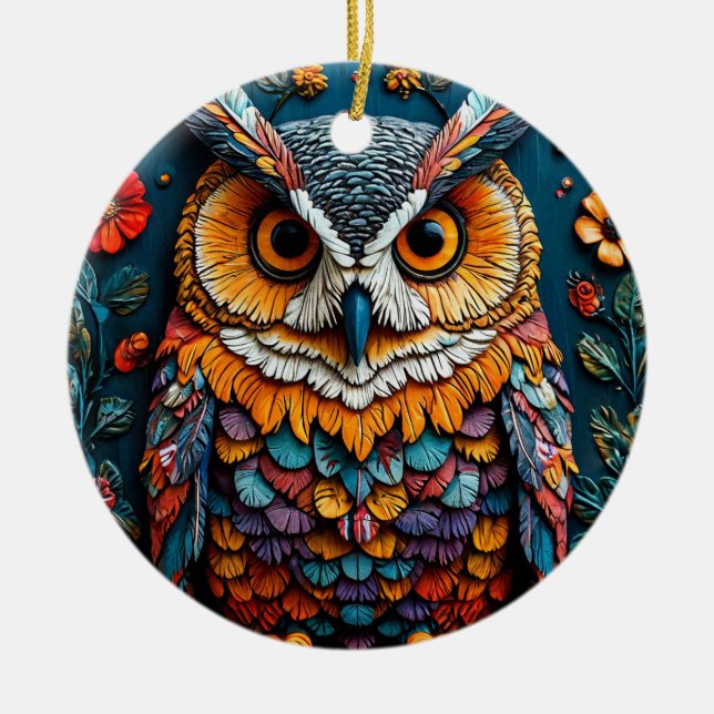 Colourful Owl Artwork With Intricate Detail Ceramic Tree Decoration (Front)