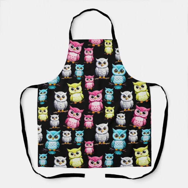 Colourful Owl Birds Black Background Pattern  Apron (Front)