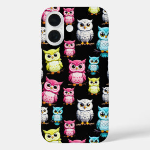 Colourful Owl Birds Black Background Pattern iPhone 16 Case
