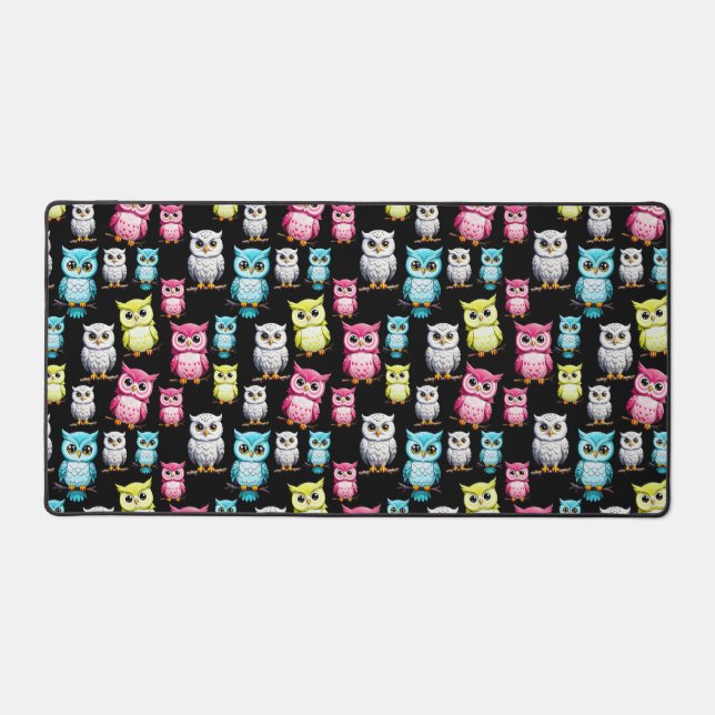 Colourful Owl Birds Black Background Pattern  Desk Mat (Front)