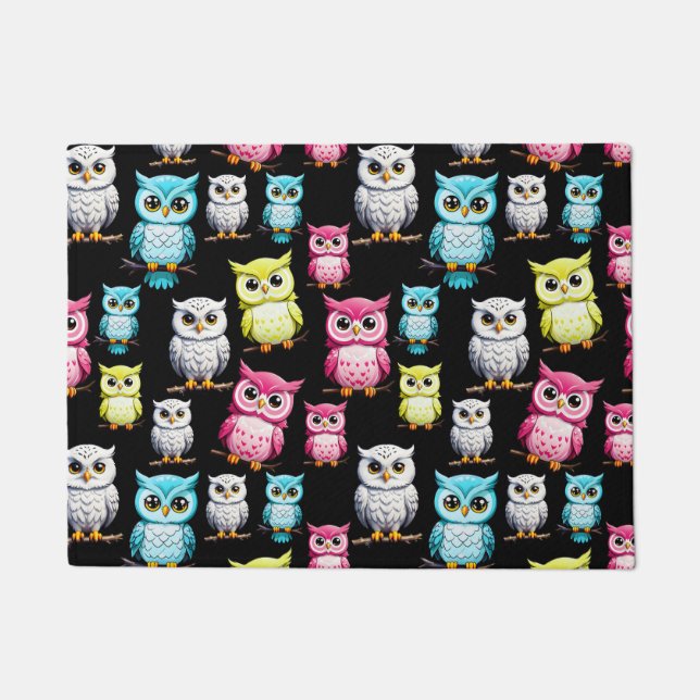 Colourful Owl Birds Black Background Pattern  Doormat (Front)