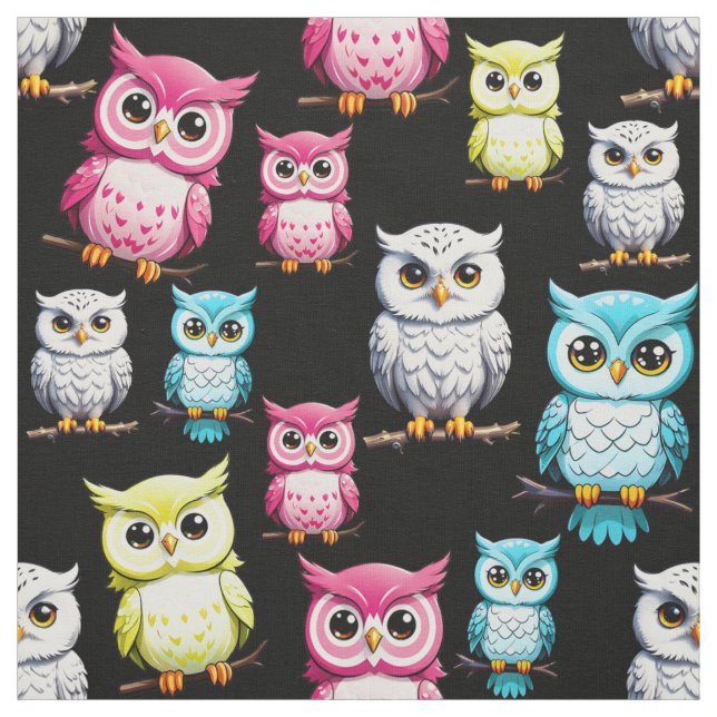 Colourful Owl Birds Black Background Pattern  Fabric (Swatch)