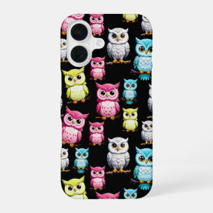 Colourful Owl Birds Black Background Pattern iPhone 16 Case