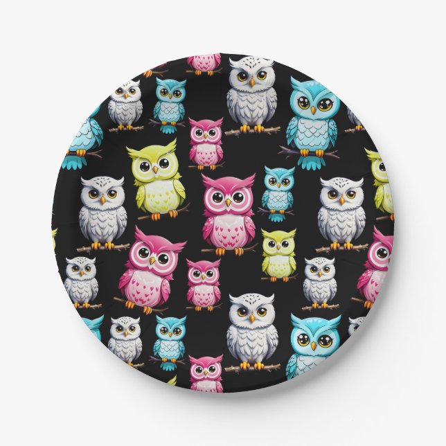 Colourful Owl Birds Black Background Pattern  Paper Plate (Front)