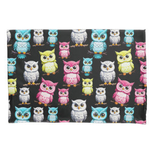 Colourful Owl Birds Black Background Pattern  Pillowcase