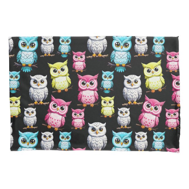 Colourful Owl Birds Black Background Pattern  Pillowcase (Front)