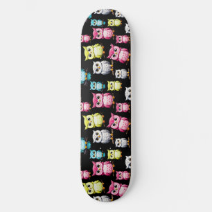 Colourful Owl Birds Black Background Pattern Skateboard