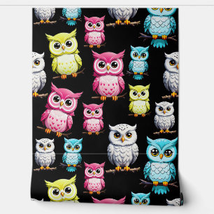 Colourful Owl Birds Black Background Pattern Wallpaper
