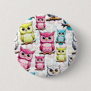 Colourful Owl Birds White Background Pattern  6 Cm Round Badge