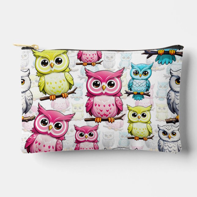 Colourful Owl Birds White Background Pattern  Accessory Pouch (Front)