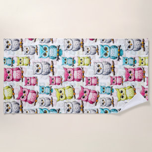 Colourful Owl Birds White Background Pattern Beach Towel