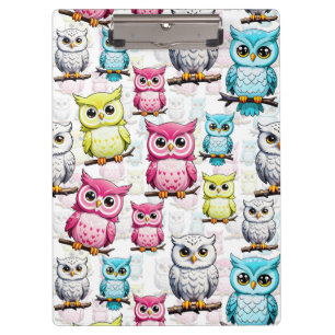 Colourful Owl Birds White Background Pattern Clipboard
