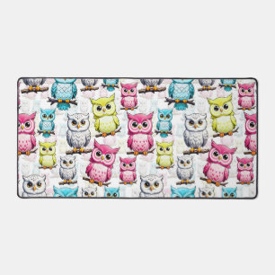 Colourful Owl Birds White Background Pattern Desk Mat